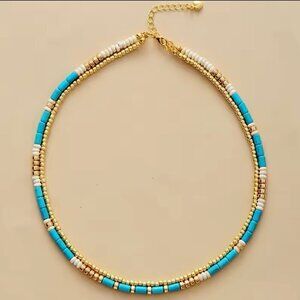 New Boho Beaded Layered NecklaceTurquoise 18K Plated 16" Festival Indie Western